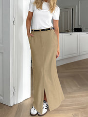 No Belt Pockets Solid Color Split-front Bodycon High Waisted Skirts Bottoms