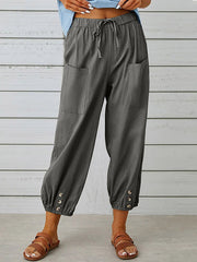 Buttoned Drawstring Elasticity Pockets Split-Joint High Waisted Loose Trousers Ninth Pants