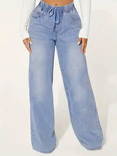 Drawstring Elasticity Split-Joint High Waisted Loose Jean Pants Bottoms