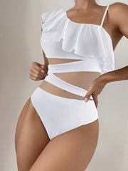 Ruffle Edge Patchwork Diagonal Collar Sexy One-Piece Bikini