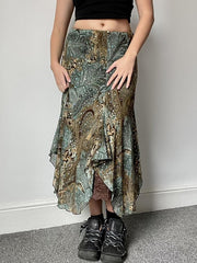 Printed Low Waist Irregular Skirt In Green
