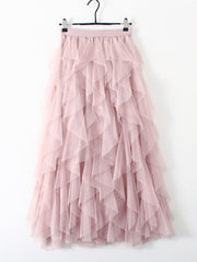 Original Irregular Mesh 4 Colors Falbala Pleated Elasticity Skirt