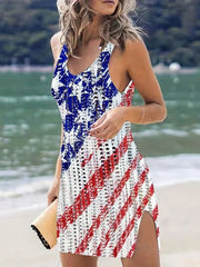 Women's American Flag Knitted Ripped Cutout Cover-Up Swimsuit