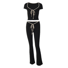 Bella Contrast Trim Square Neck Crop Top & Flare Pants Set