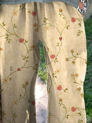 Women's Retro Elegant Floral Art Pattern Printed Cotton And Linen Casual Pants