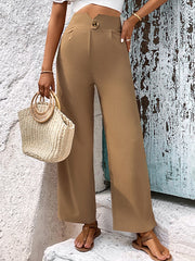 Buttoned Pleated Pockets Solid Color High Waisted Loose Trousers Pants