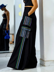 High Waisted Loose Pockets Split-Joint Striped Pants Trousers