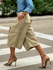 Buttoned Pockets Solid Color Split-Joint Loose Wide Leg Cropped Trousers Capri-Pants