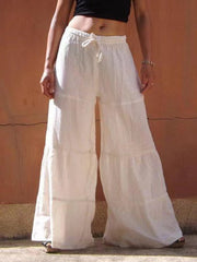 Drawstring Elasticity Pleated Solid Color Split-Joint High Waisted Loose Trousers Pants