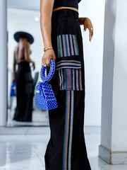 High Waisted Loose Pockets Split-Joint Striped Pants Trousers