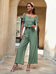 Casual High Waisted Solid Color U-Neck Two Pieces Set