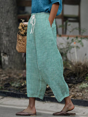 Women's Retro Striped Design Printed Lace-Up Elastic Waist Loose Casual Pants