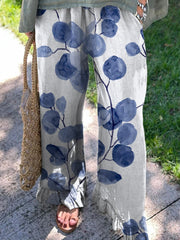 Women's Retro Botanical Floral Printed Cotton And Linen Casual Pants