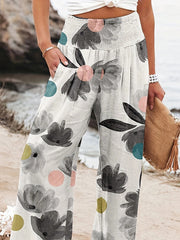 Elasticity Flower Print Pleated Pockets High Waisted Loose Trousers Pants