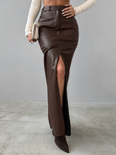 Pockets Solid Color Split-Front Split-Joint Velvet Bodycon High Waisted Skirts Bottoms