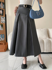 Pleated Solid Color Split-Joint A-Line High Waisted Skirts Bottoms
