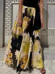 Black Tube Tops & Flower Printed Long Skirts Two-Piece Sets