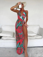 Temperament two-piece tropical print one-piece beach towel swimsuit