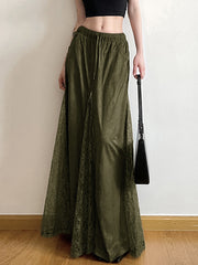 Lace Patchwork Skirt In Army Green
