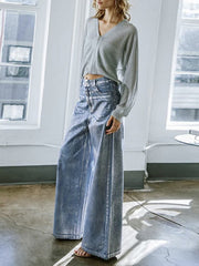 High Waisted Loose Printed Split-Joint Jean Pants Bottoms