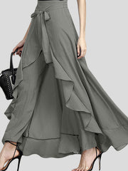 Ruffle Trim Solid Color Split-Joint Tied Waist Zipper Loose Culotte