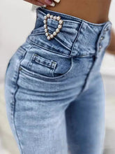 Beads Buttoned Elasticity Pockets Zipper Skinny Jean Pants Bottoms