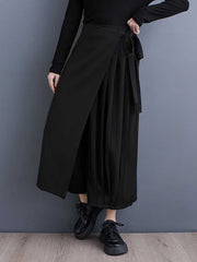 Asymmetric Elasticity Solid Color Tied Waist False Two High Waisted Ninth Pants Culotte