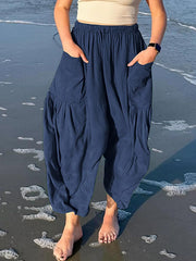 Drawstring Elasticity Pleated Pockets Solid Color High Waisted Loose Trousers Ninth Pants