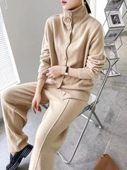 Urban Loose Solid Color Cardigan Tops & Wide Leg Split-Front Pants Suits