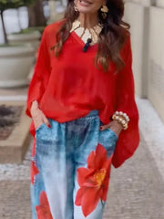 Loose Wide Leg Flower Print Jean Pants Bottoms Trousers