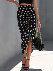 Drawstring Pleated Polka-Dot Split-front Bodycon High Waisted Skirts Bottoms