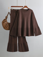 Casual Long Sleeves Loose Solid Color Round-Neck Sweater Tops & Wide Leg Pants Two Pieces Set
