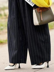 High Waisted Loose Drawstring Pleated Split-Joint Striped Pants Trousers