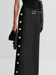 Buttoned No Belt Solid Color High Waisted Skirts Bottoms