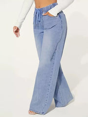 Drawstring Elasticity Split-Joint High Waisted Loose Jean Pants Bottoms