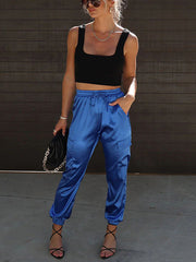 Drawstring Pockets Solid Color Loose Straight Leg Casual Pants Bottoms