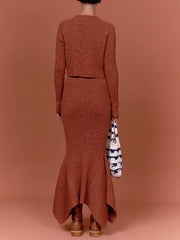 Leisure Round-Neck Long Sleeves Top Empire Asymmetric Skirt Two-Pieces Set