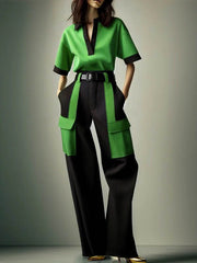 Contrast Color No Belt Pockets Split-Joint Half Sleeves Loose V-Neck Trousers Casual Pants Bottoms