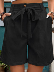 Buttoned Elasticity Pleated Pockets Tied Waist High Waisted Loose Shorts Bottoms