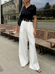 No Belt Pleated Pockets Solid Color High Waisted Loose Trousers Suit Pants