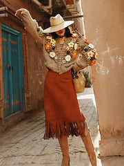 Casual Buckle Tasseled Solid Color Round-Neck Two Pieces Set