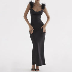 CELESTE FEATHER SATIN MIDI DRESS