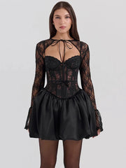 Black Lace Puffball Mini Dress