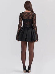 Black Lace Puffball Mini Dress