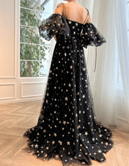 Black Stars Tulle A-line Evening Dress