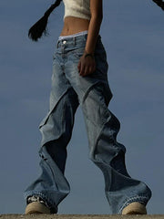 Low-Rise Pleated Straight Jeans