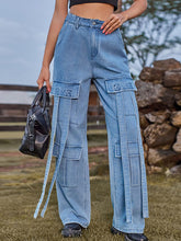 High-Waisted Pockets Split-Joint Streamer Loose Straight Leg Jean Pants Bottoms