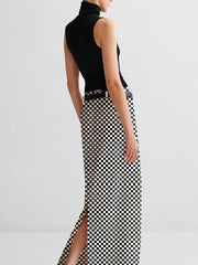 No Belt Plaid Printed Split-back H-line Skirts Bottoms