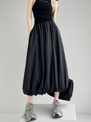 Elasticity Pleated Pockets Solid Color A-Line Loose Skirts Bottoms