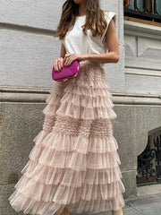 Solid Color Mesh Rufflrd Pleated A-Line Long Skirts